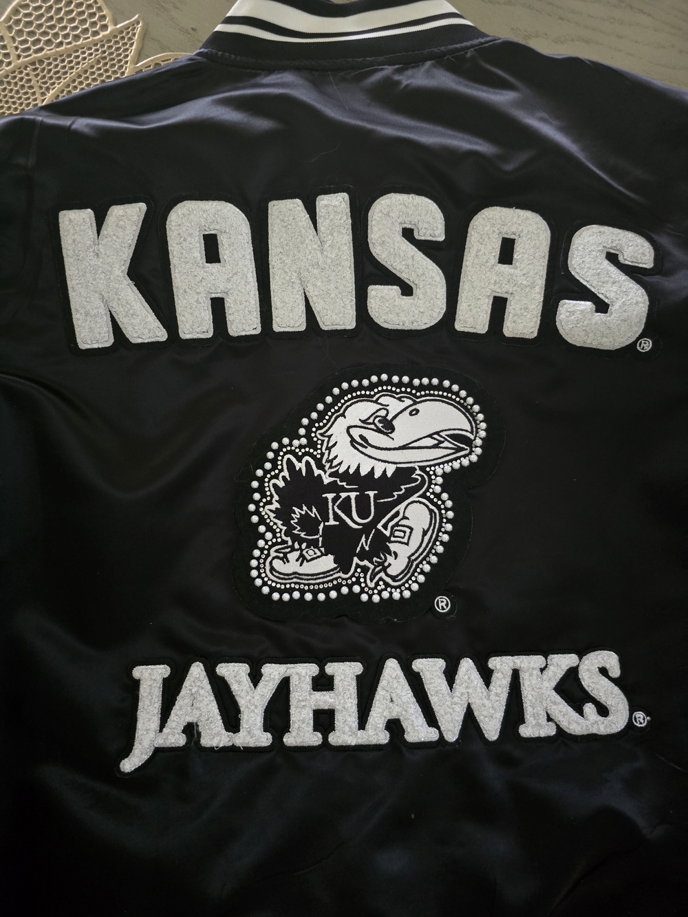 Women's Black Jayhawks Satin Bomber Jacket - University Logo - Picture 3 of 4